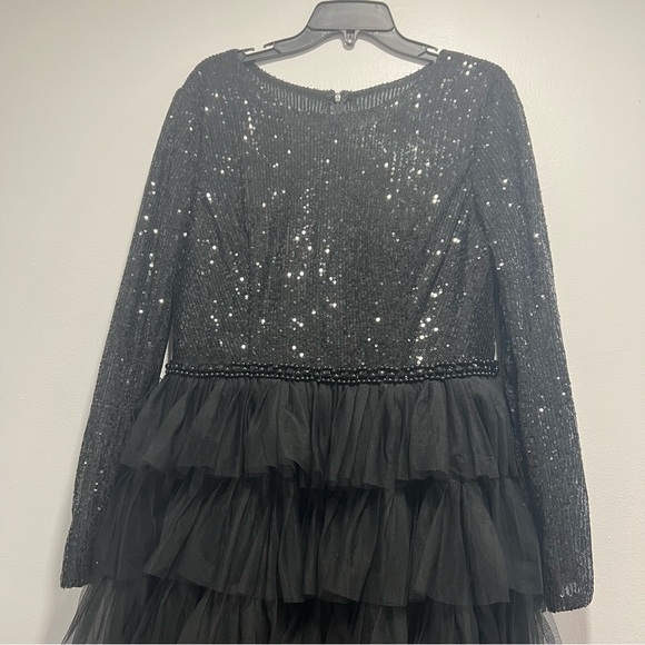Mac Duggal Sequined Black Long Sleeve Ruffle Tiered Midi Dress - Gently Worn - Picture 8 of 16